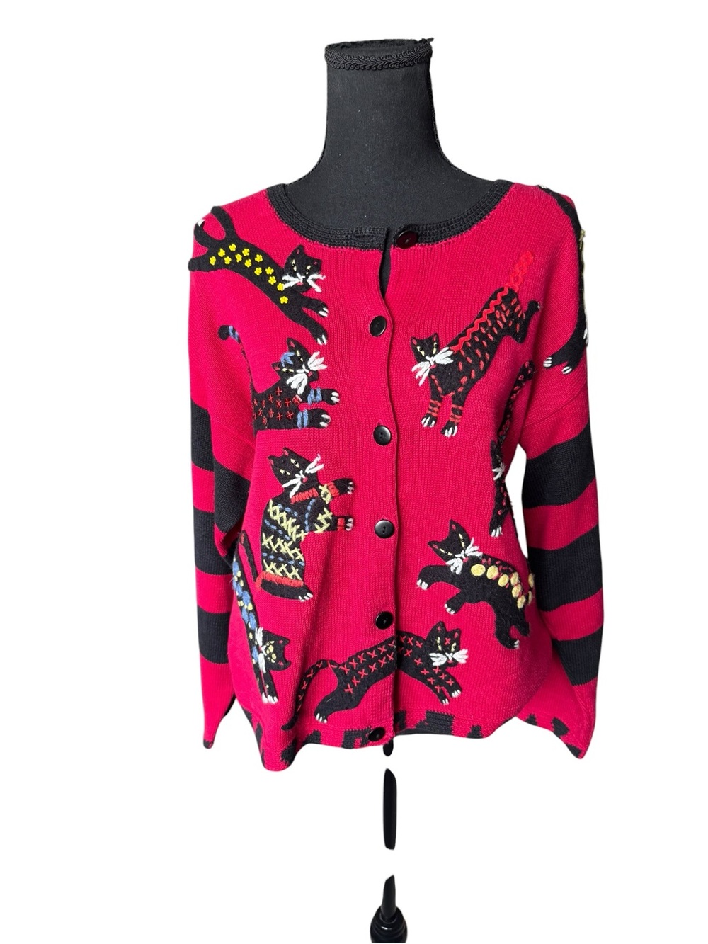 Susan Bristol Cat Cardigan Sweater L Red Black Novelty Kitty Cottagecore Artsy